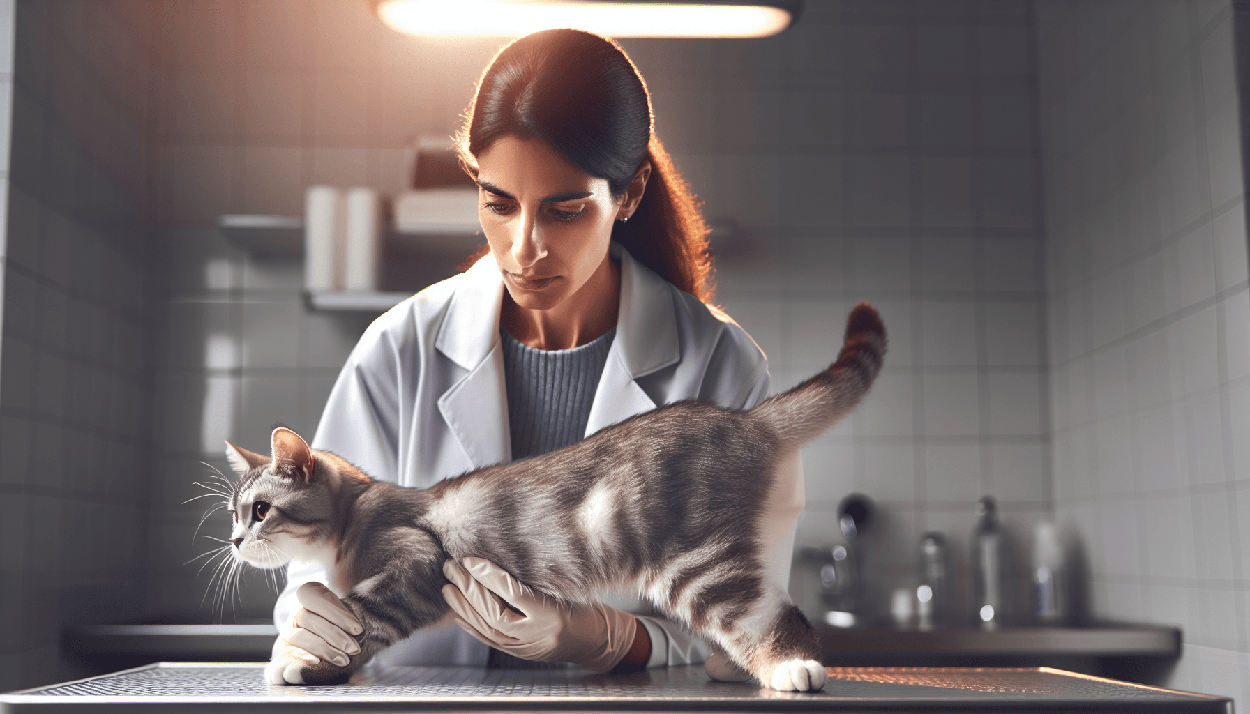 Tutora examinando patas de gato cinza em mesa veterinária