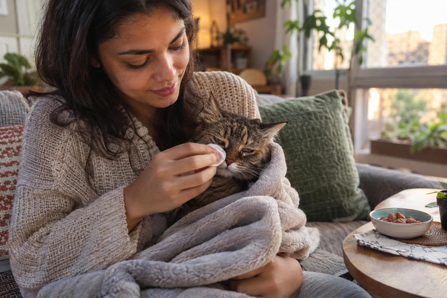 Tutora limpando o nariz de gato rajado enrolado em manta no sofá