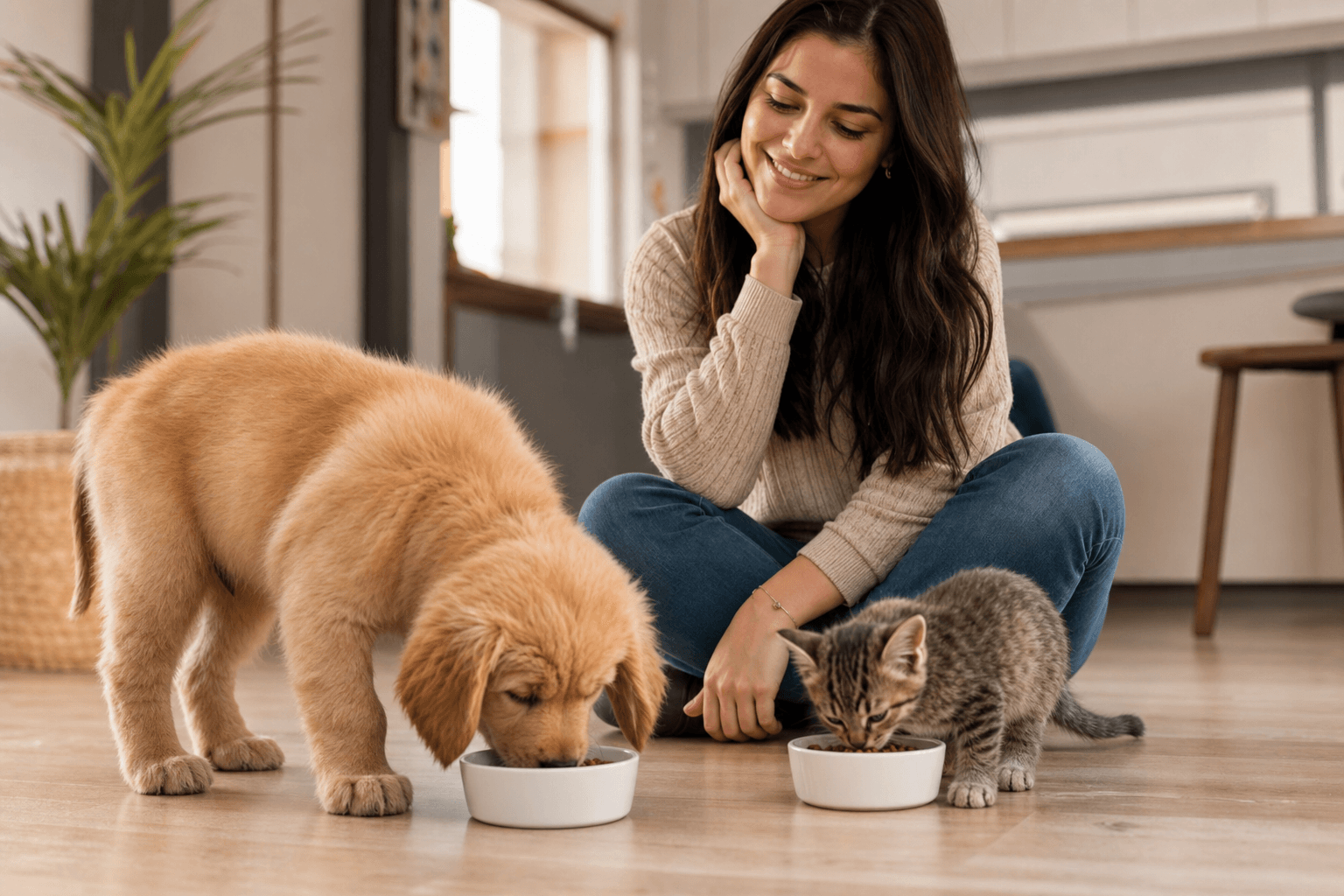 Filhote de cachorro e gatinho comendo em tigelas separadas em casa
