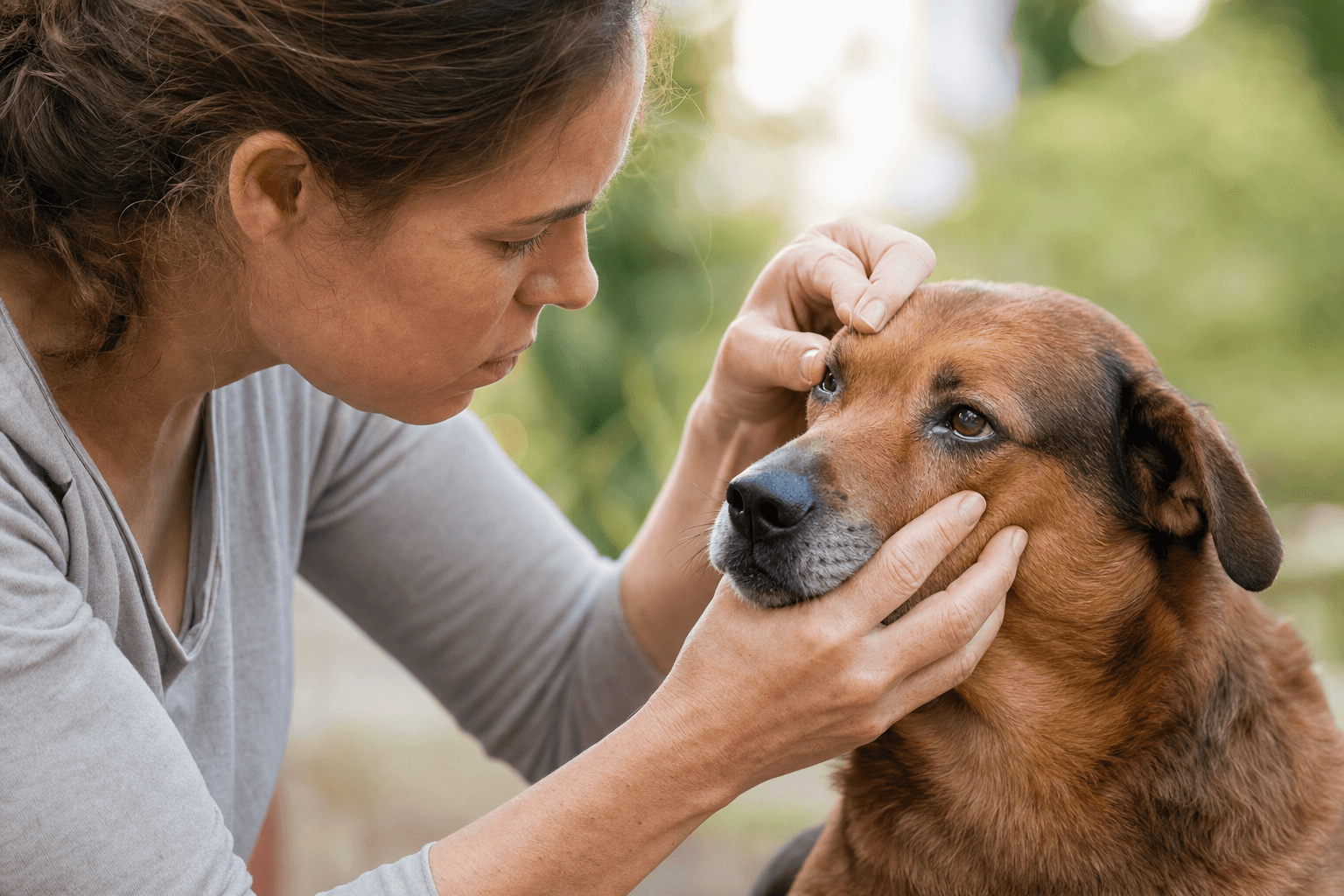 Tutor examinando o olho de cachorro marrom com remela ao ar livre