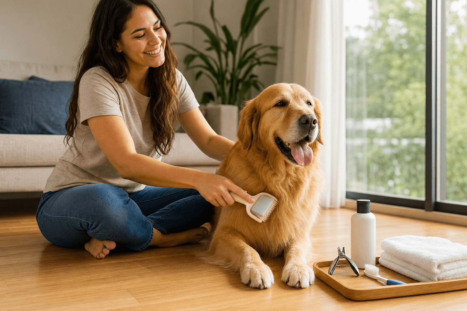 Tutora escovando pelo de cachorro golden retriever em sala iluminada