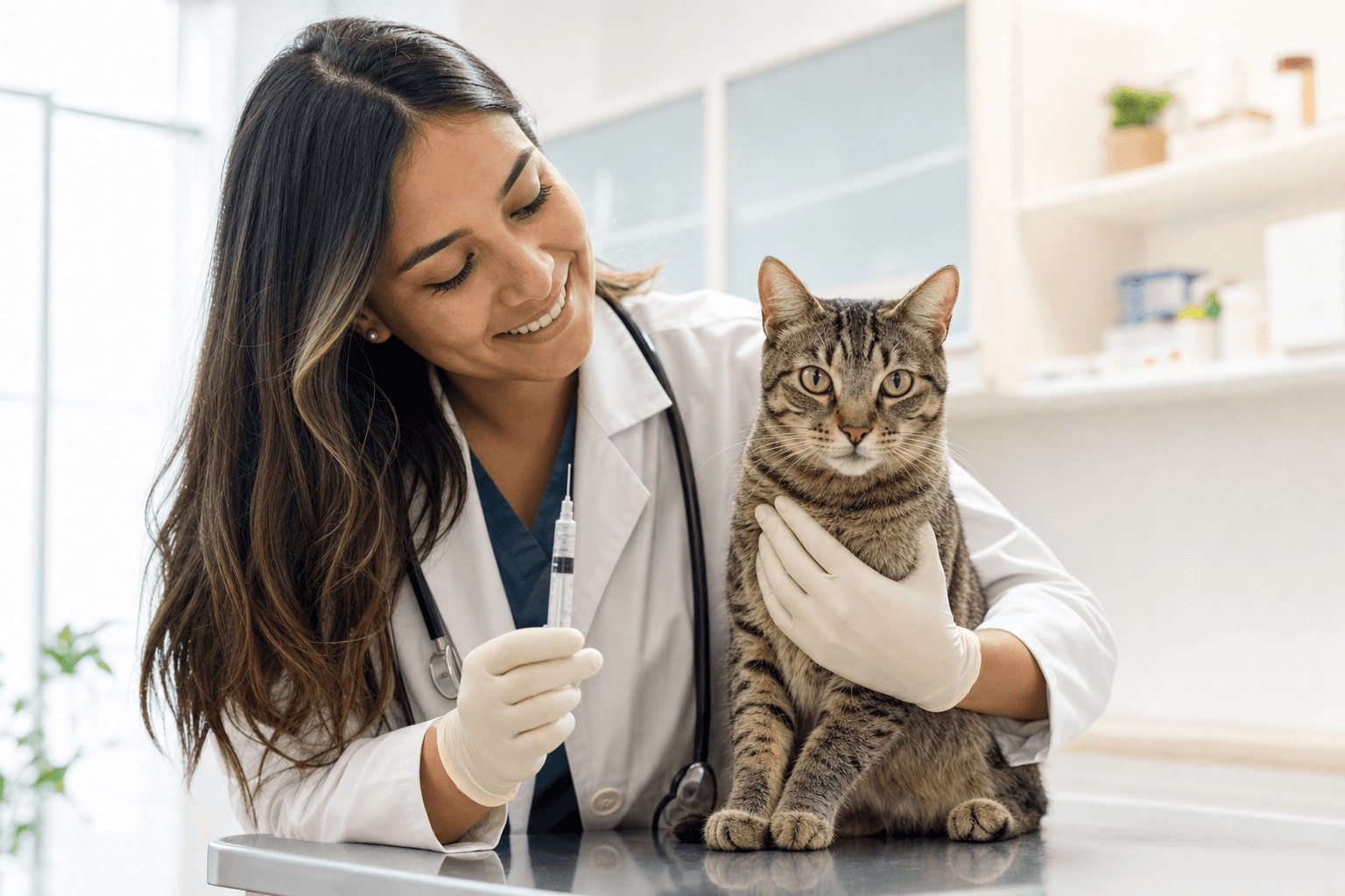Veterinária aplicando vacina em gato malhado em clínica