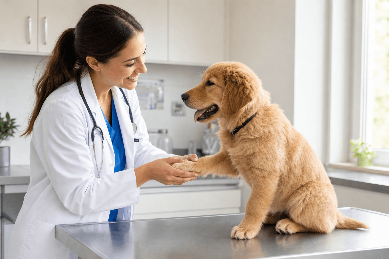 Filhote de golden retriever sendo examinado por veterinária em clínica