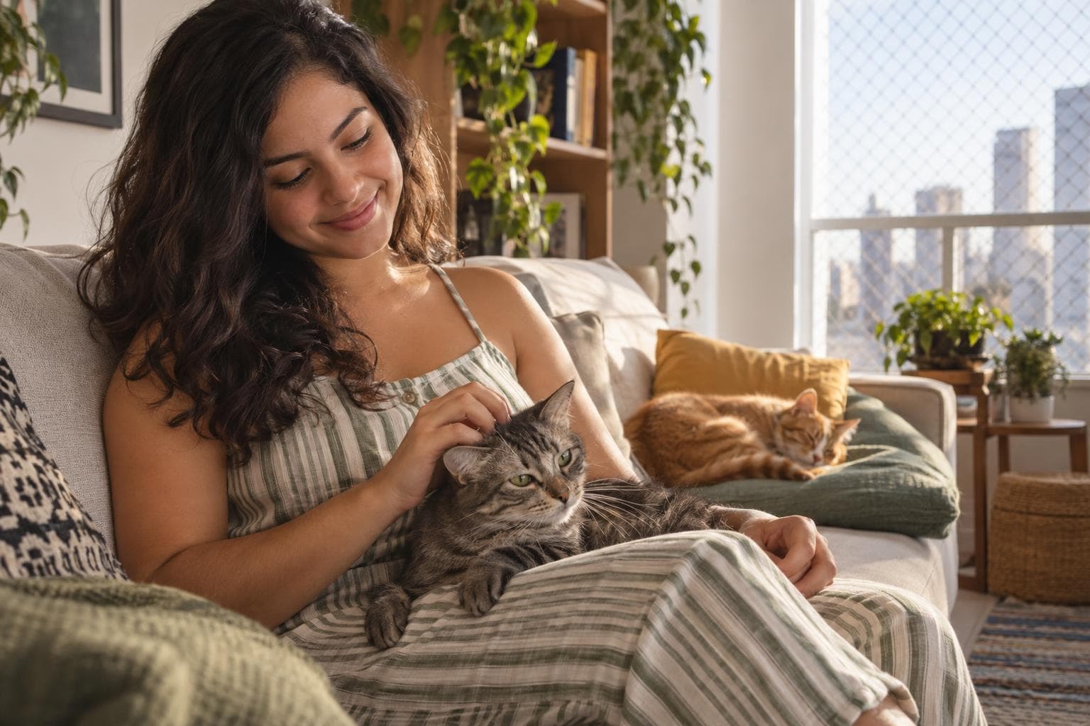 Tutora acaricia gato rajado no sofá, com outro gato descansando ao fundo