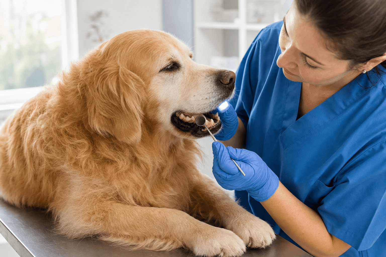 Veterinário examinando dentes de cão idoso em clínica veterinária