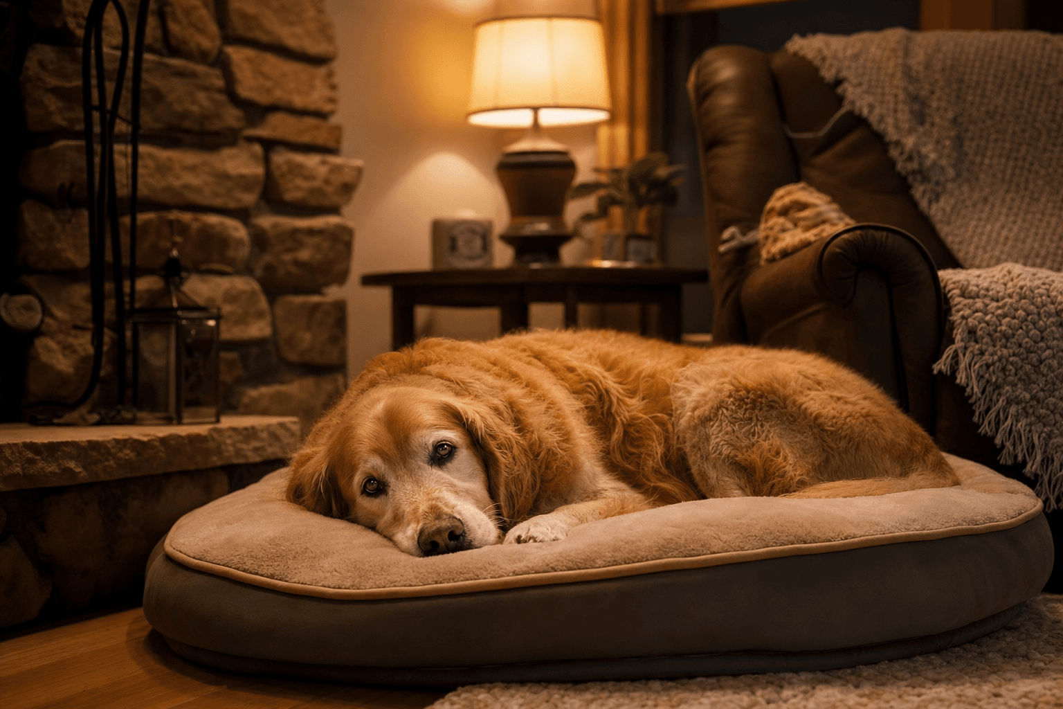 Cão idoso golden retriever acordado na cama durante a noite