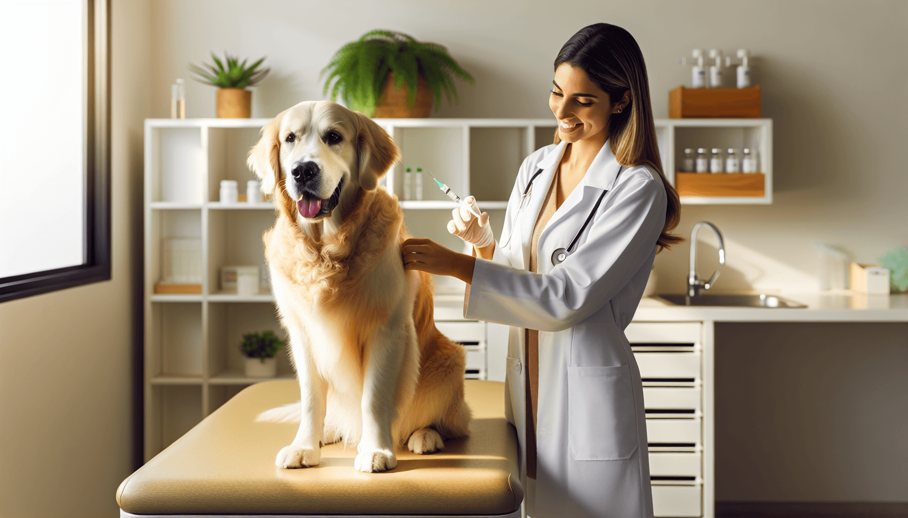 Cachorra golden recebendo vacina em clínica veterinária com veterinária sorrindo