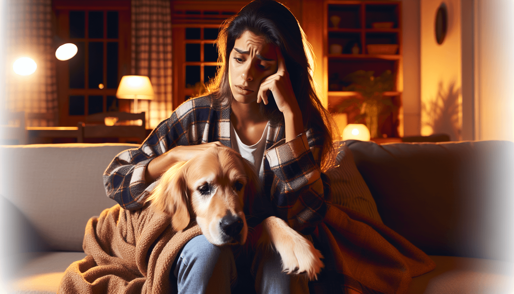 Tutor preocupado segurando cão doente no sofá à noite