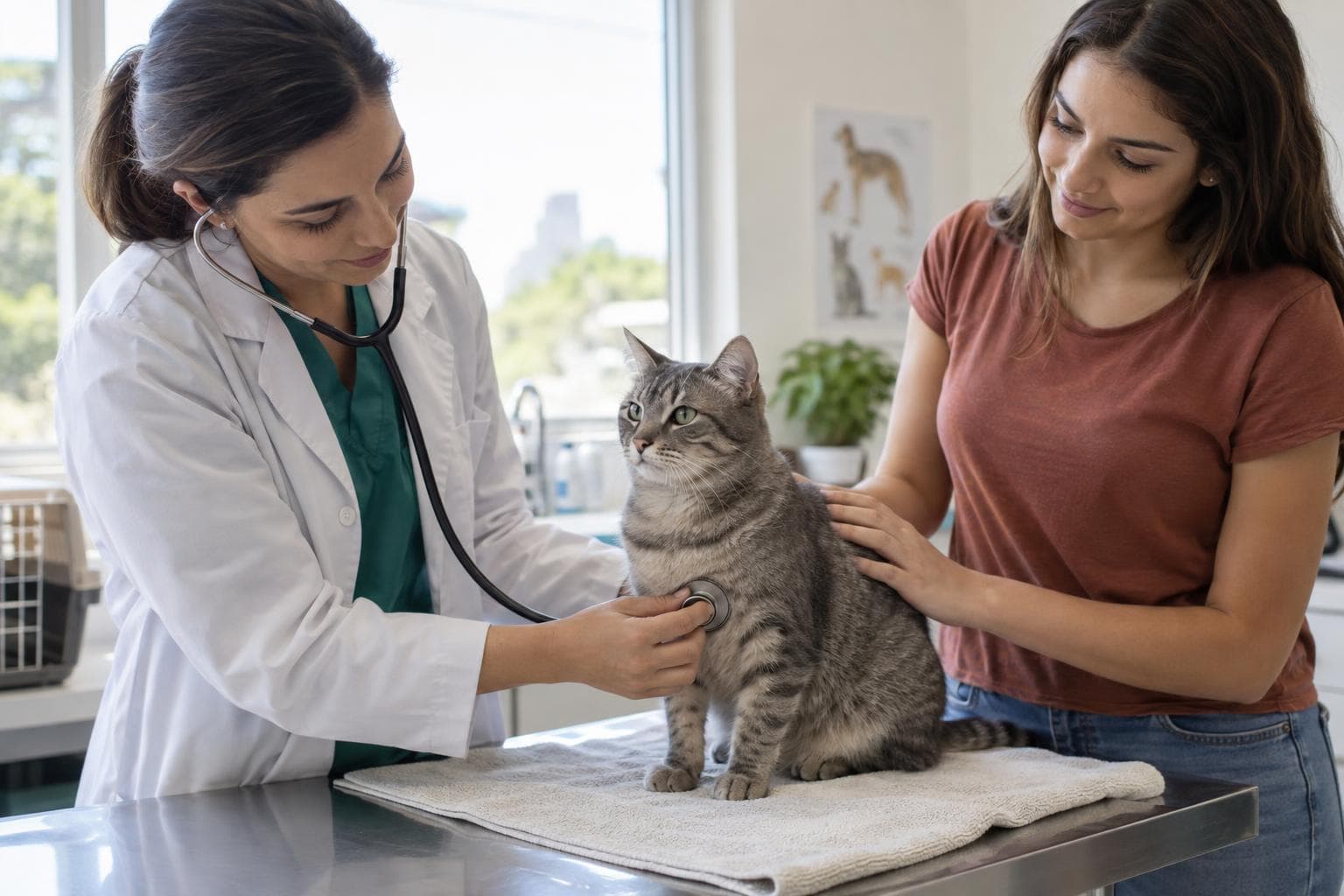 Veterinária auscultando gato rajado enquanto tutora acaricia suas costas