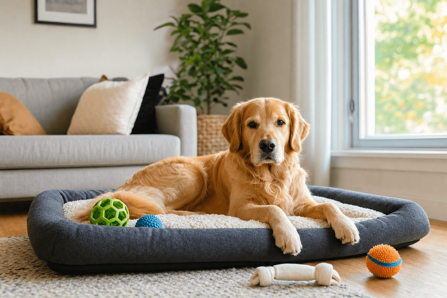 Cachorro golden retriever descansando sozinho em cama pet com brinquedos