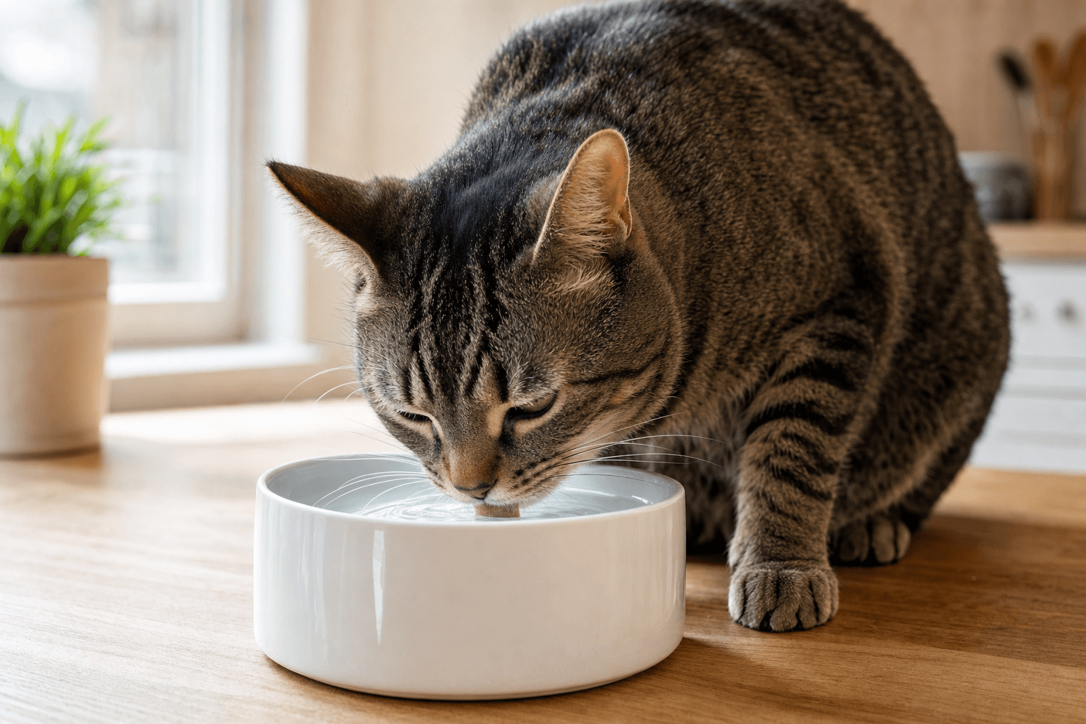 Gato malhado bebendo água em tigela de cerâmica branca na cozinha