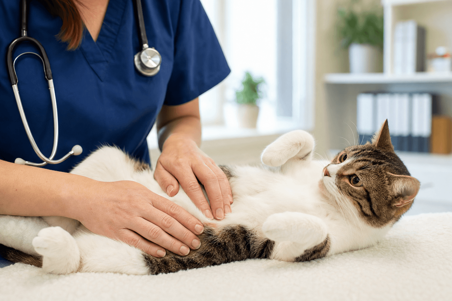 Veterinária examinando barriga de gato em clínica clara
