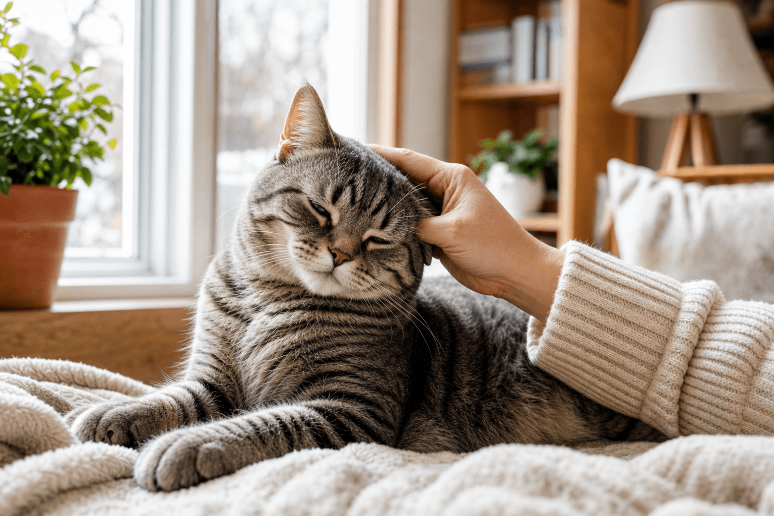 Gato cinza relaxado sendo acariciado pelo tutor perto da janela