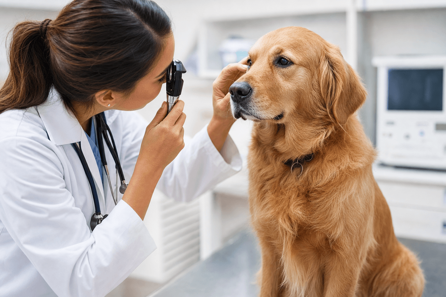 Veterinária examinando o olho de um cachorro golden na consulta